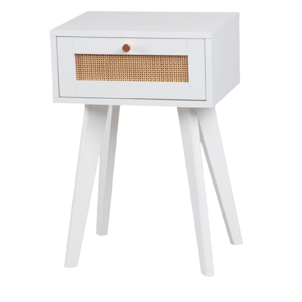 Moderne Nachttisch mit Rattan-Front und schmalen Beinen, Weiß