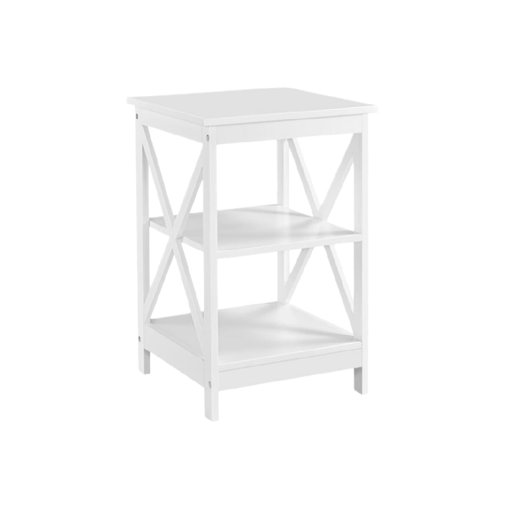 Weißer Nachttisch mit offener Ablage und stabiler X-Strebenkonstruktion