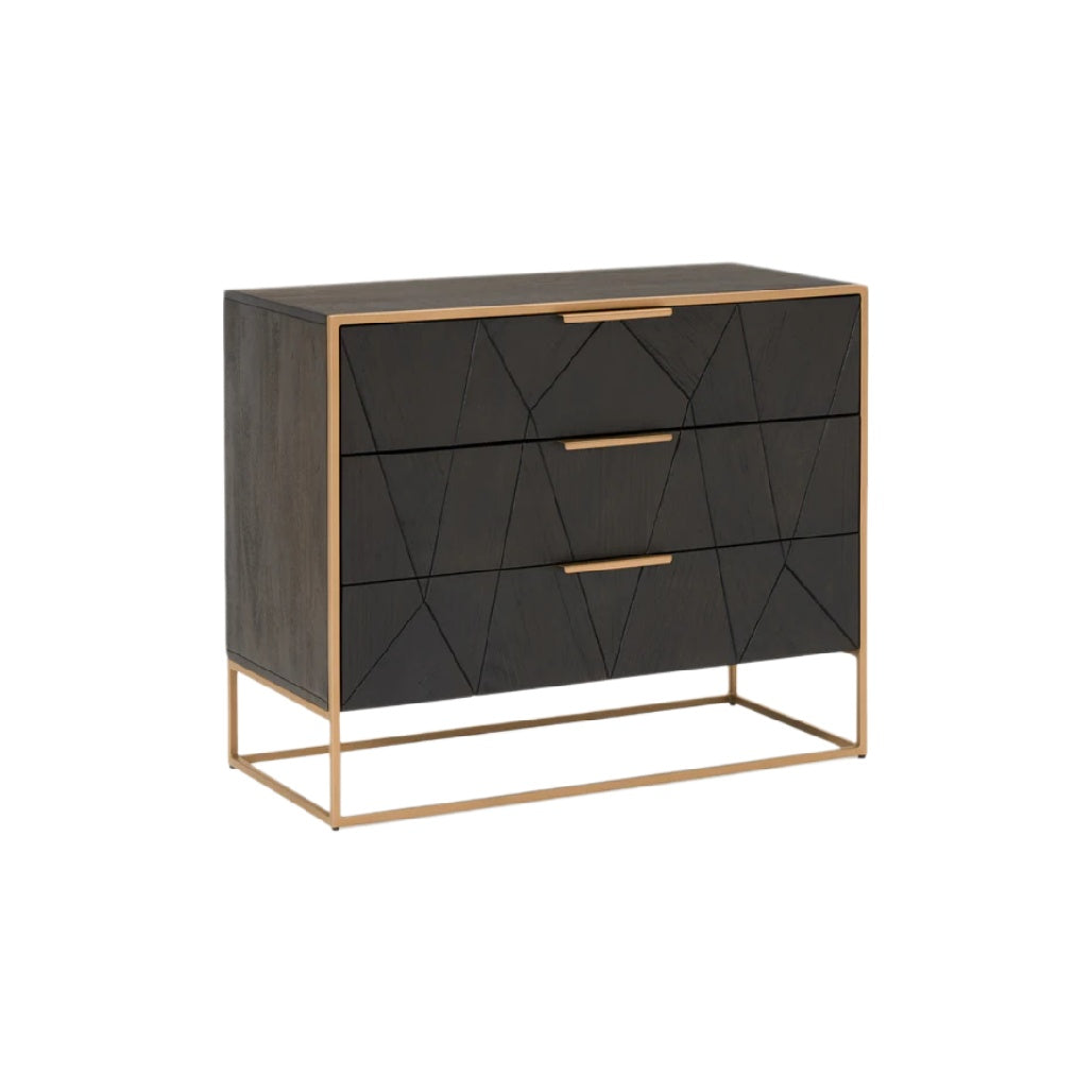 Moderne Kommode mit geometrischem Design und goldenen Griffen