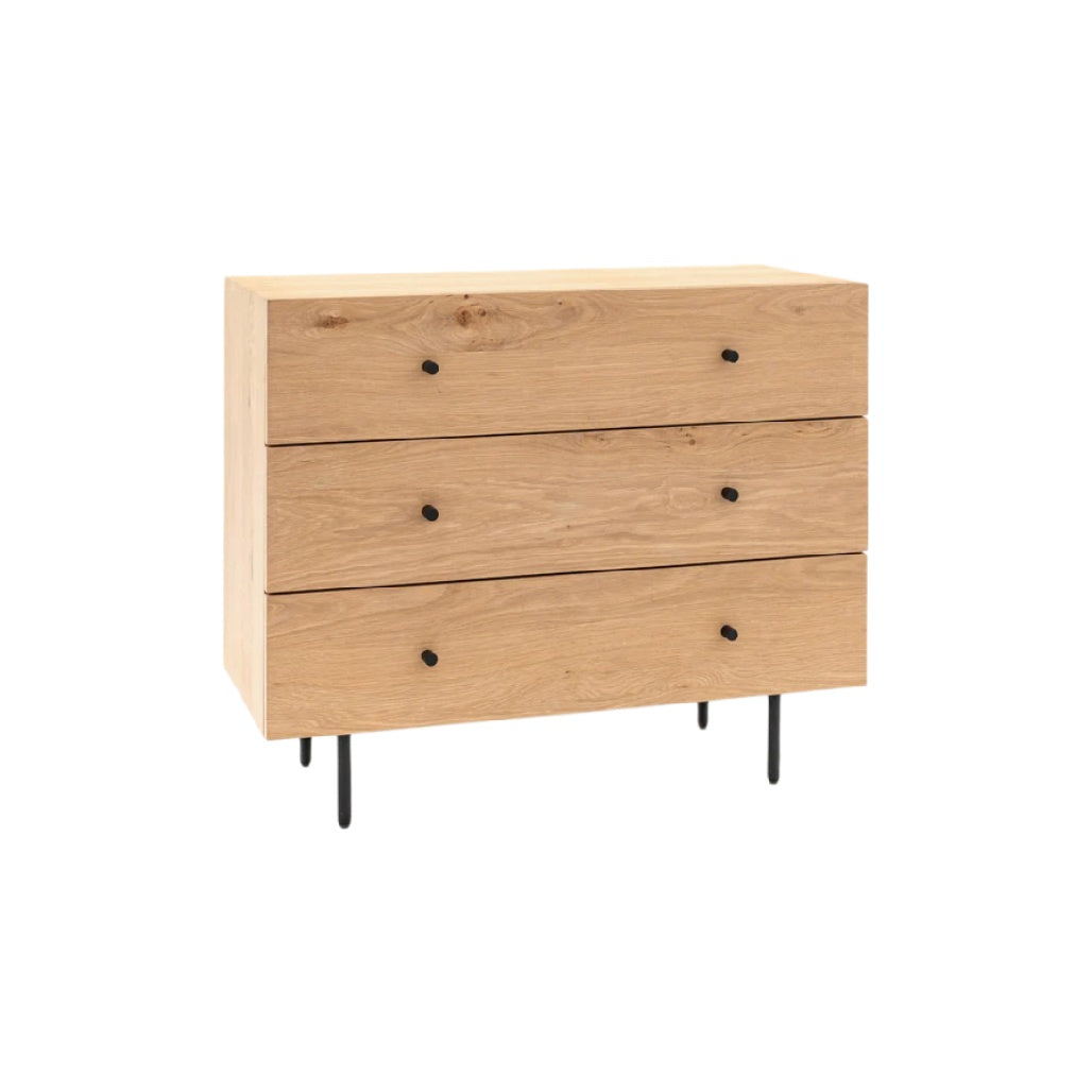 Modernes Sideboard aus Eichenholz mit drei Schubladen und Metallbeinen